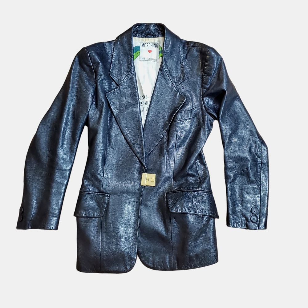Moschino Womens Vintage Black Leather‎ Jacket Pret A Porter 1990 Blazer SZ M